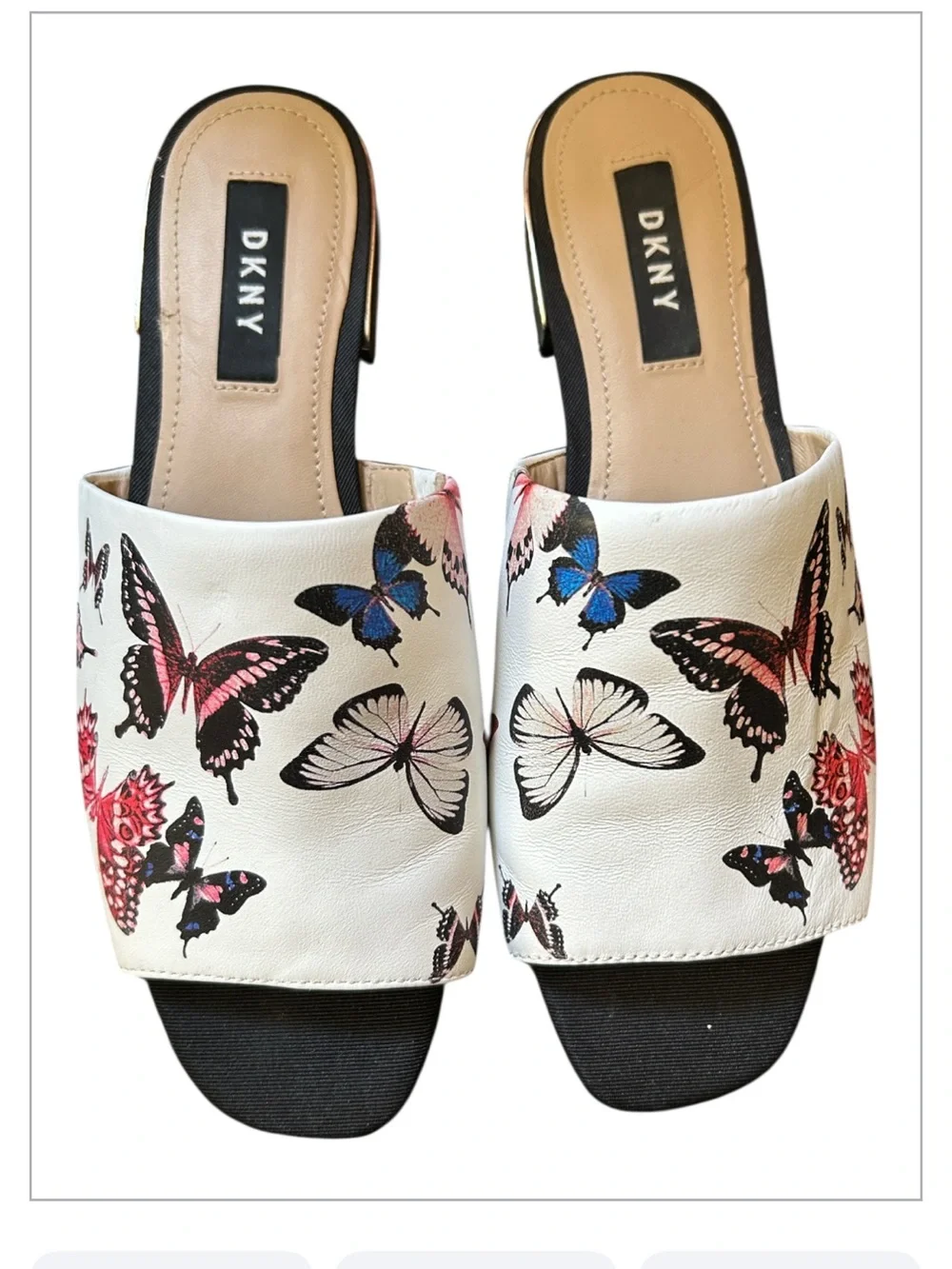 Women’s DKNY Leather Vibrant Multicolor Butterfly Print Slip On Mules Size 7.5